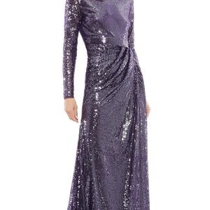 Mac Duggal Purple Sequined High Neck Long Sleeve Draped Gown - Size 2